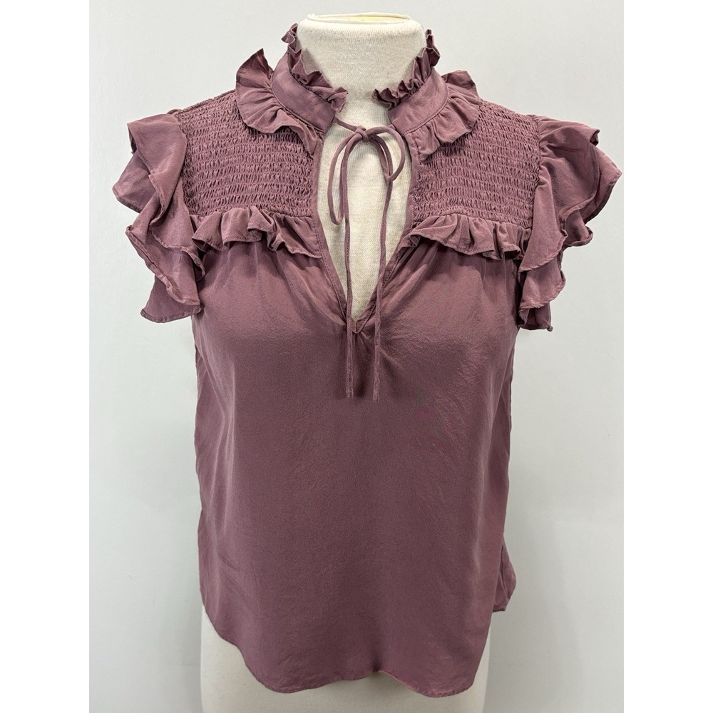 Gilbert Farrar Silk Blouse Shirt Sz X-small Mauve Ruffles Smocked Girly Romance